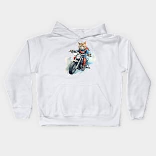 Tabby Cat, Motorcycle, Watercolor Kids Hoodie